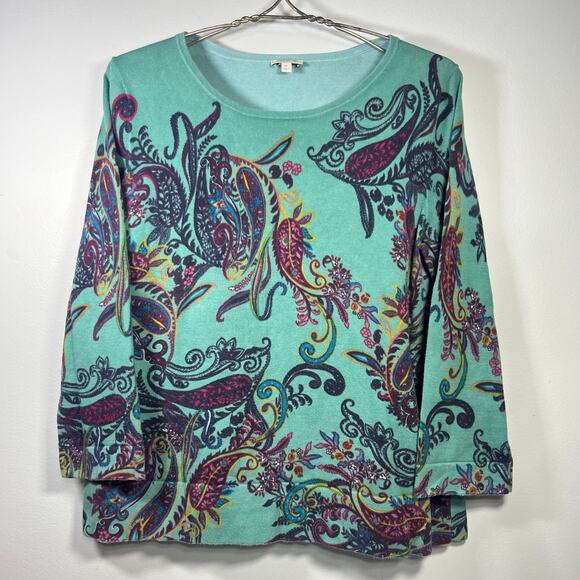 Talbots Size Medium Petite Teal Paisley Print 3/4 Sleeve T Shirt Top Soft Knit - Picture 1 of 7